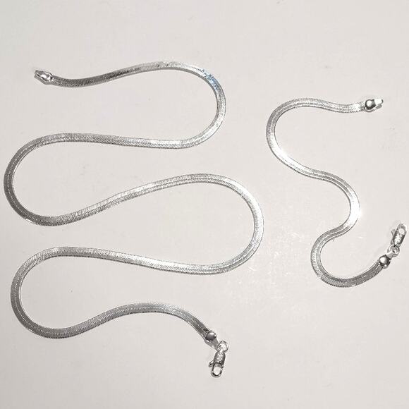 S925 Sterling Silver Herringbone Necklace Bracelet Set Bundle Christmas Birthday